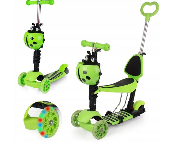 Triratis paspirtukas su stūmimo rankena Scooter 5in1, žalias